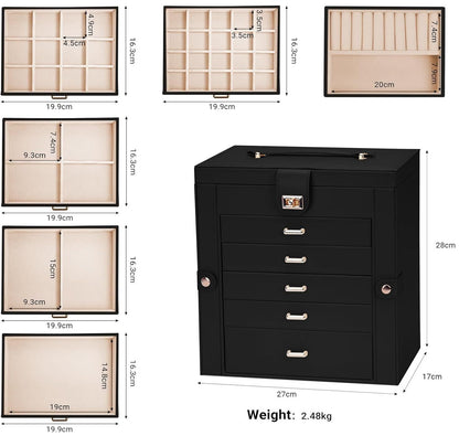 CARLA HOME 6-Layer Large Jewelry Box for Women withDrawers, Mirror, Lock, Necklace Hooks & Side Compartments for Rings, Earrings, Bracelets, Gifts (Black) - Image 3