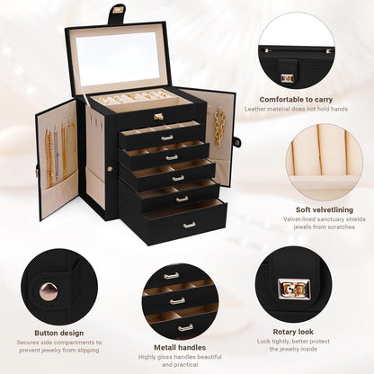 CARLA HOME 6-Layer Large Jewelry Box for Women withDrawers, Mirror, Lock, Necklace Hooks & Side Compartments for Rings, Earrings, Bracelets, Gifts (Black) - Image 5