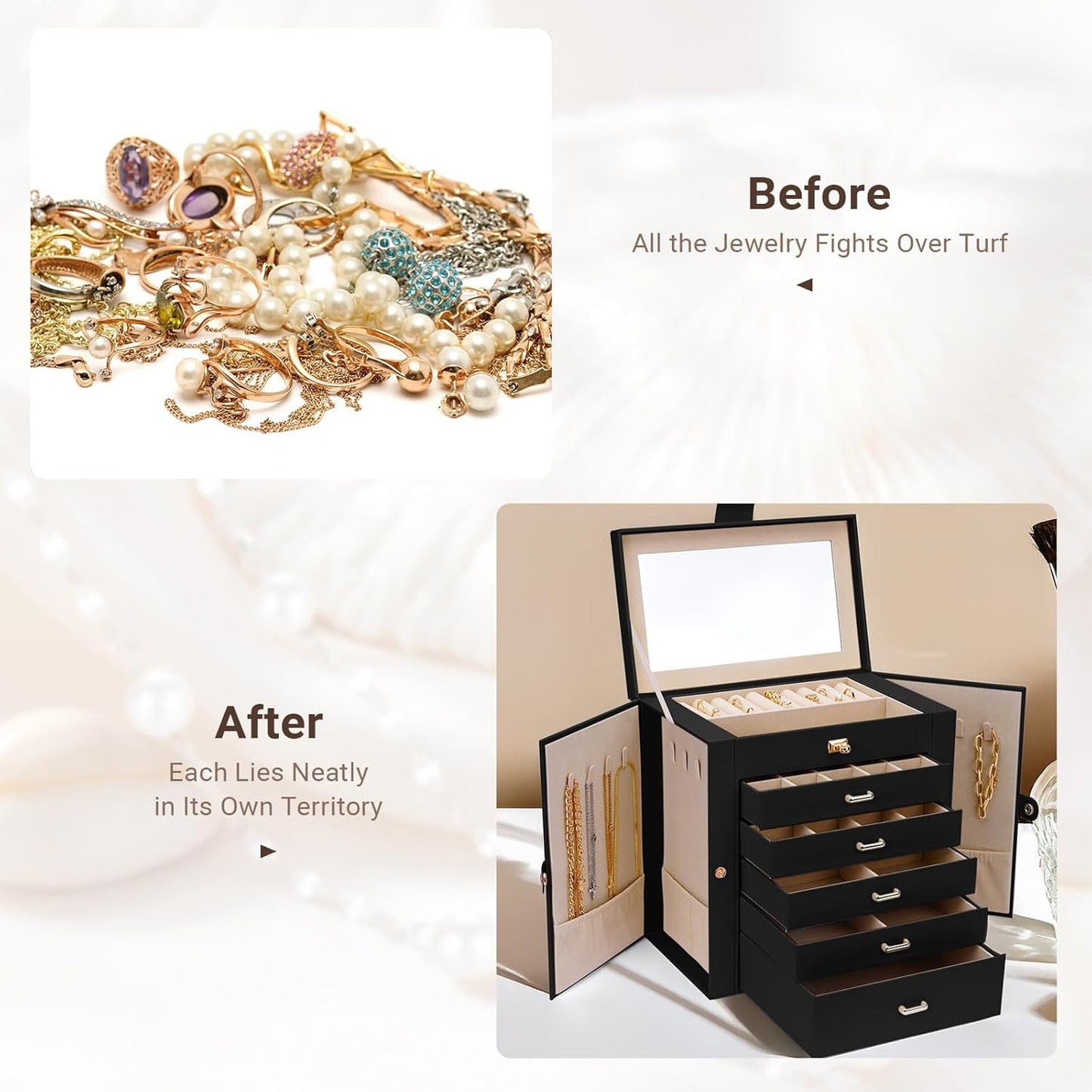 CARLA HOME 6-Layer Large Jewelry Box for Women withDrawers, Mirror, Lock, Necklace Hooks & Side Compartments for Rings, Earrings, Bracelets, Gifts (Black) - Image 6