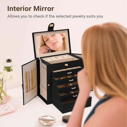 CARLA HOME 6-Layer Large Jewelry Box for Women withDrawers, Mirror, Lock, Necklace Hooks & Side Compartments for Rings, Earrings, Bracelets, Gifts (Black) - Image 7