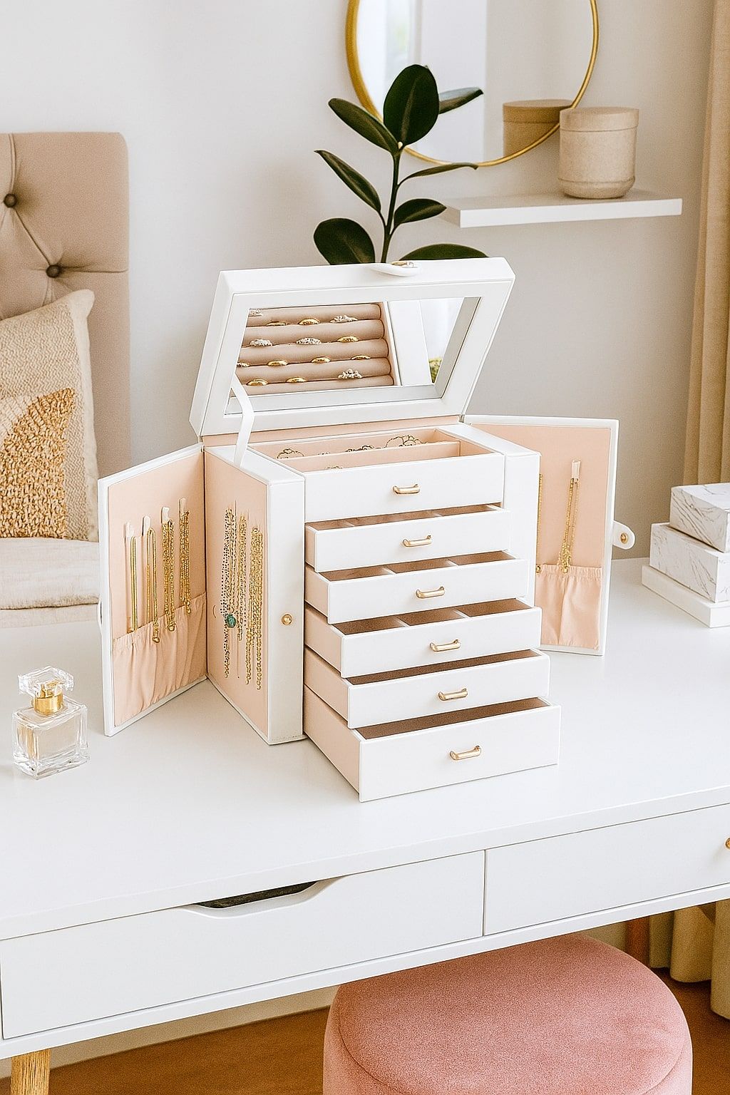 CARLA HOME 6-Layer Large Jewelry Box for Women withDrawers, Mirror, Lock, Necklace Hooks & Side Compartments for Rings, Earrings, Bracelets, Gifts (White) - Image 2