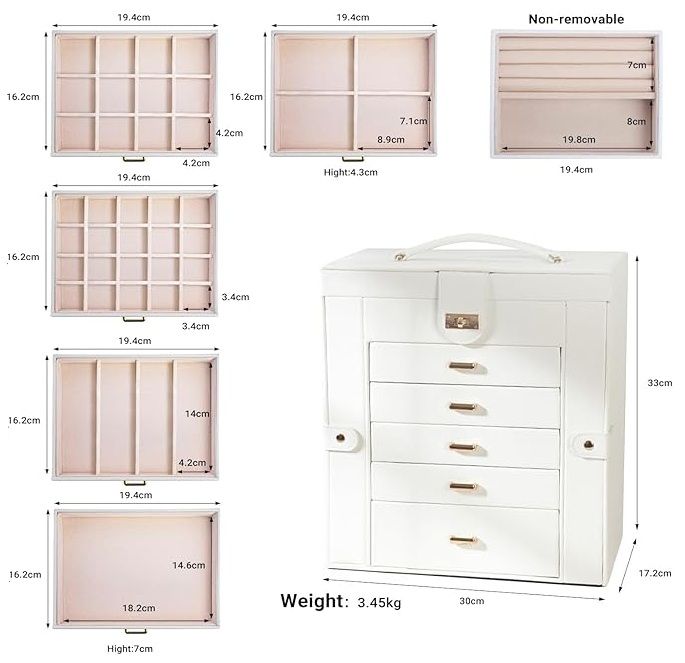 CARLA HOME 6-Layer Large Jewelry Box for Women withDrawers, Mirror, Lock, Necklace Hooks & Side Compartments for Rings, Earrings, Bracelets, Gifts (White) - Image 3