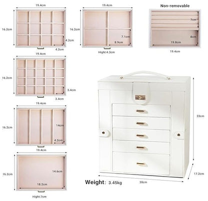 CARLA HOME 6-Layer Large Jewelry Box for Women withDrawers, Mirror, Lock, Necklace Hooks & Side Compartments for Rings, Earrings, Bracelets, Gifts (White) - Image 3