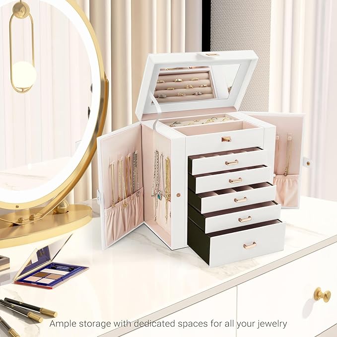 CARLA HOME 6-Layer Large Jewelry Box for Women withDrawers, Mirror, Lock, Necklace Hooks & Side Compartments for Rings, Earrings, Bracelets, Gifts (White) - Image 4