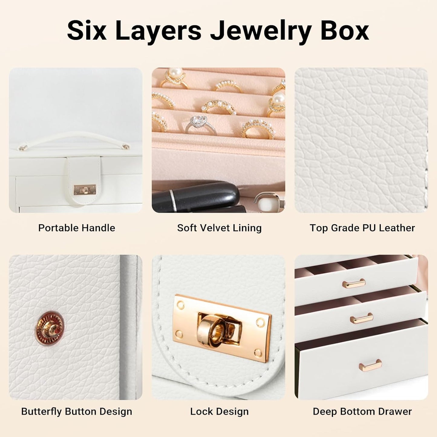 CARLA HOME 6-Layer Large Jewelry Box for Women withDrawers, Mirror, Lock, Necklace Hooks & Side Compartments for Rings, Earrings, Bracelets, Gifts (White) - Image 5