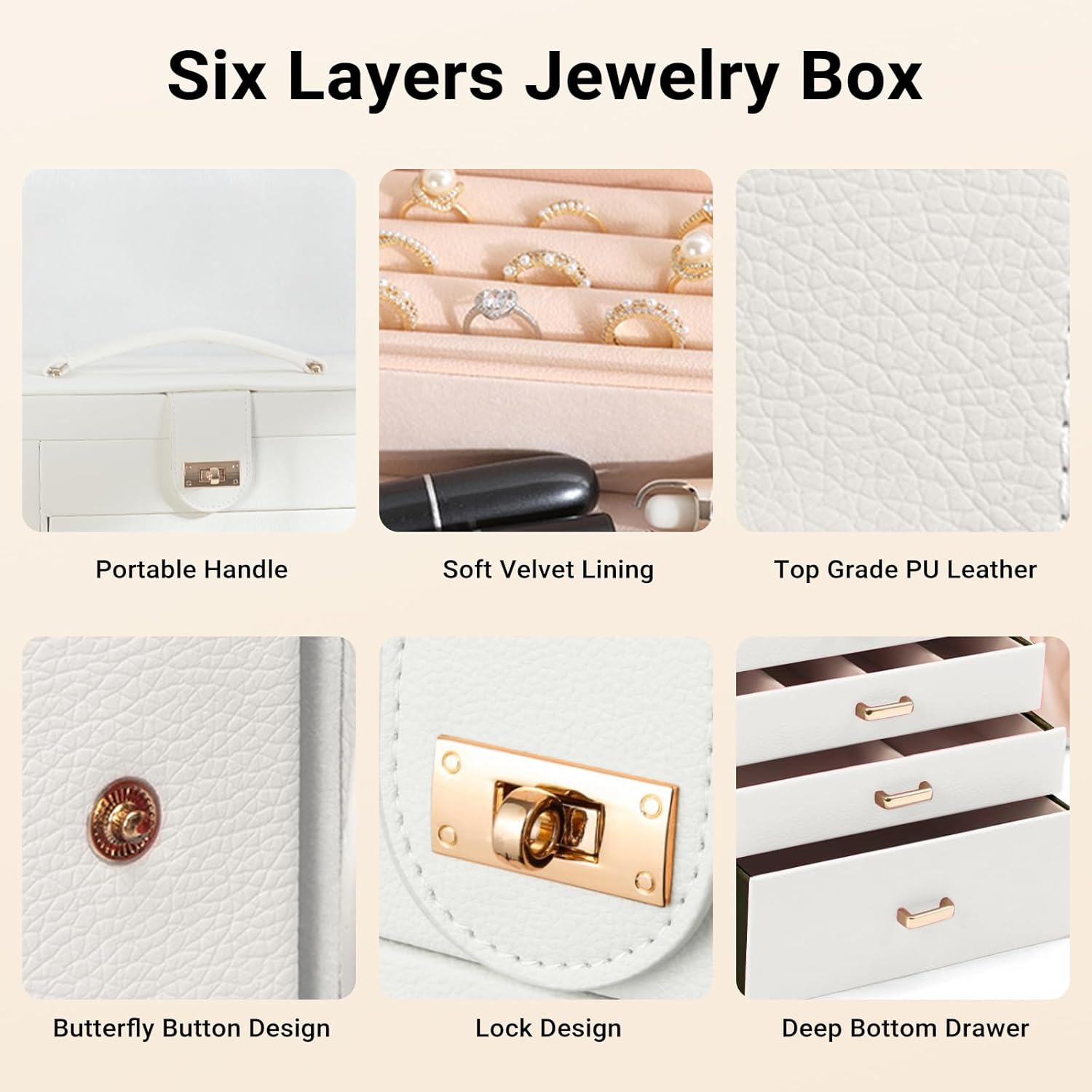 CARLA HOME 6-Layer Large Jewelry Box for Women withDrawers, Mirror, Lock, Necklace Hooks & Side Compartments for Rings, Earrings, Bracelets, Gifts (White) - Image 5