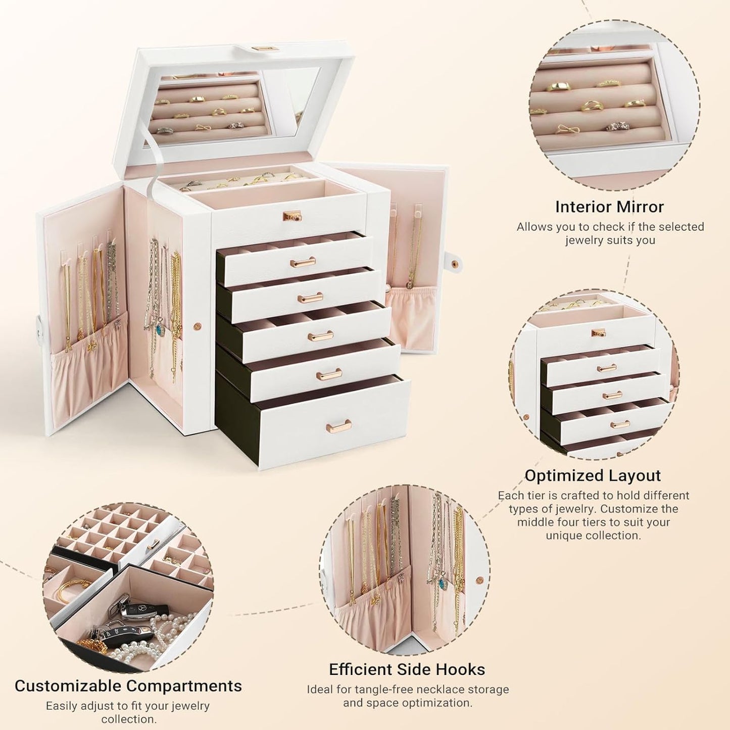 CARLA HOME 6-Layer Large Jewelry Box for Women withDrawers, Mirror, Lock, Necklace Hooks & Side Compartments for Rings, Earrings, Bracelets, Gifts (White) - Image 6