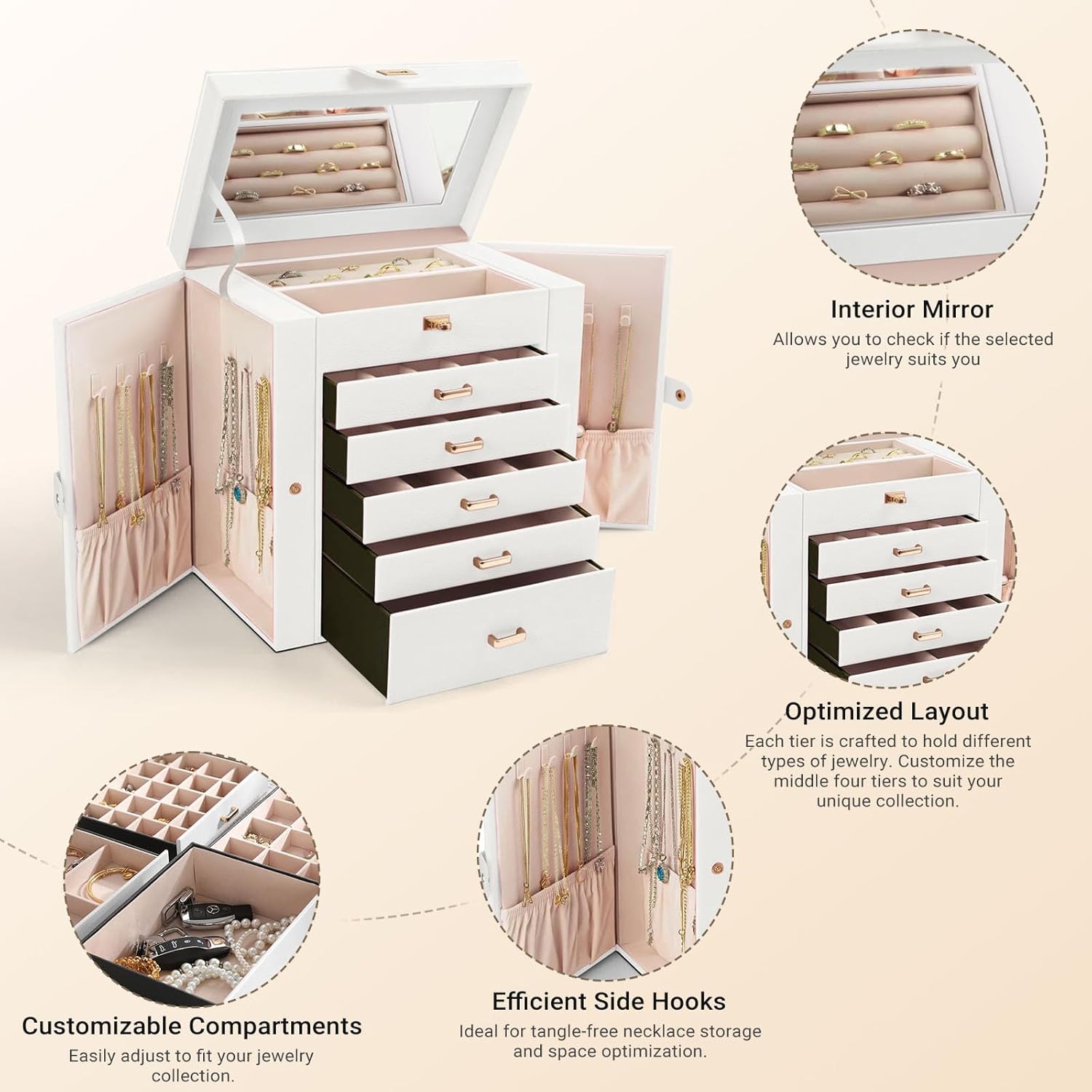 CARLA HOME 6-Layer Large Jewelry Box for Women withDrawers, Mirror, Lock, Necklace Hooks & Side Compartments for Rings, Earrings, Bracelets, Gifts (White) - Image 6