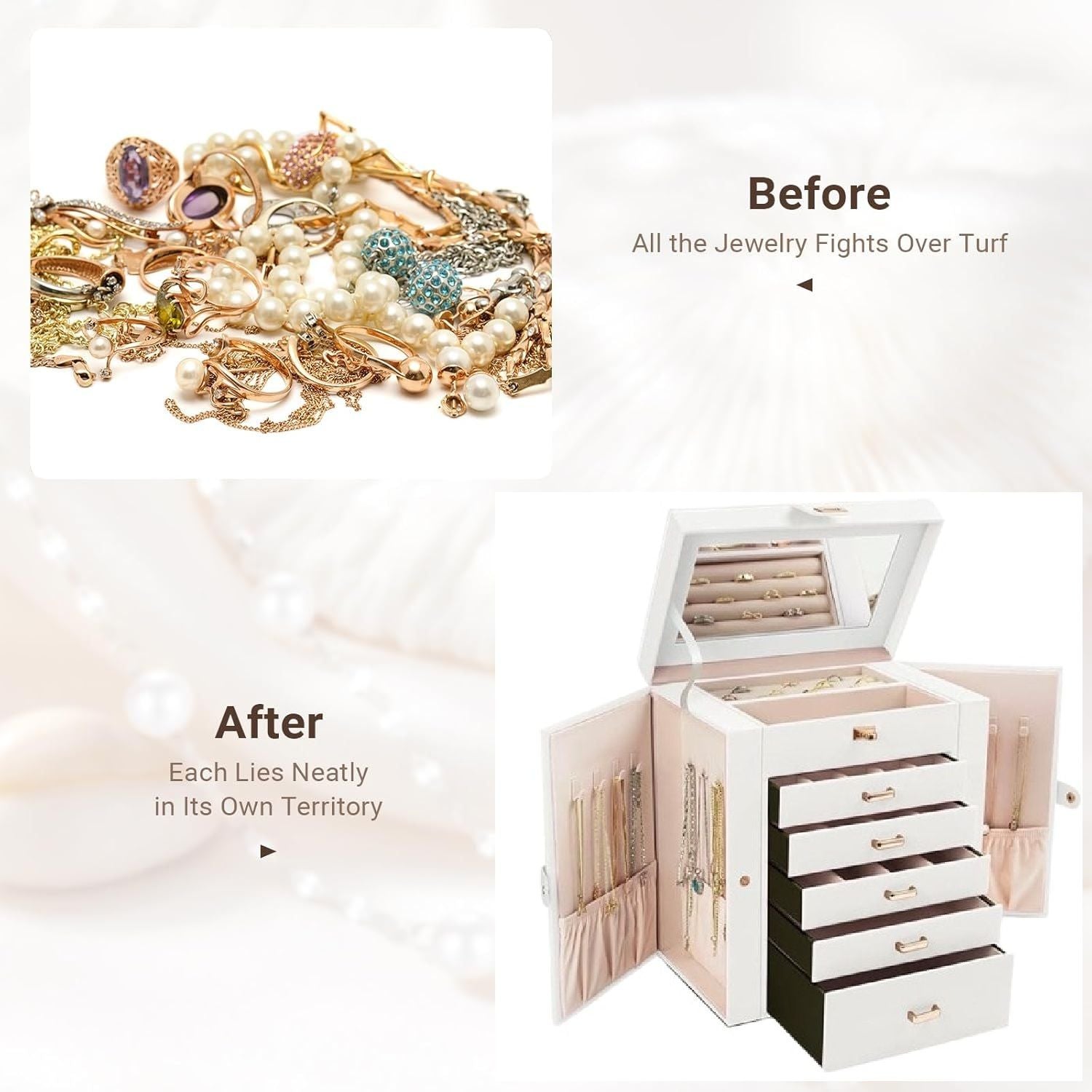 CARLA HOME 6-Layer Large Jewelry Box for Women withDrawers, Mirror, Lock, Necklace Hooks & Side Compartments for Rings, Earrings, Bracelets, Gifts (White) - Image 7