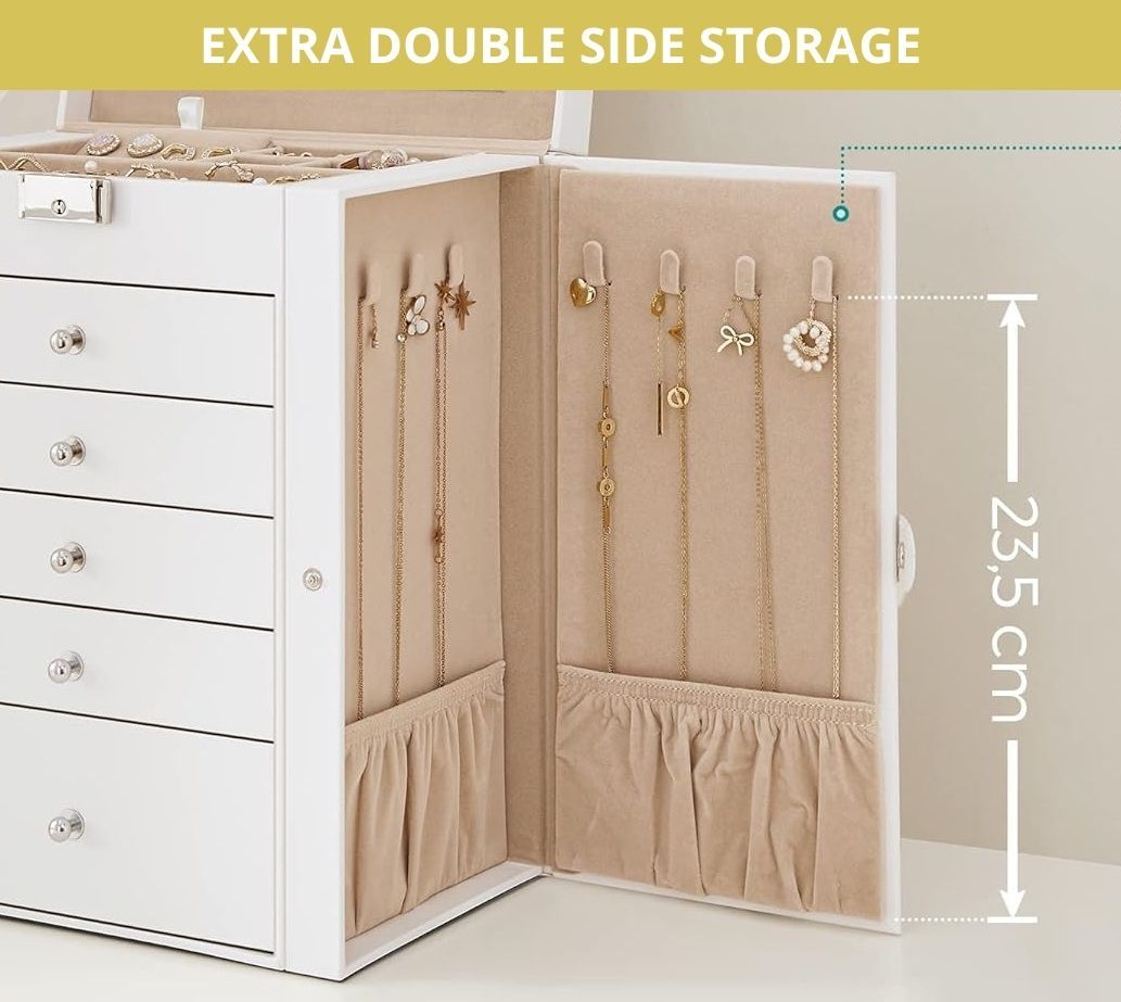 CARLA HOME 6-Layer Large Jewelry Box for Women withDrawers, Mirror, Lock, Necklace Hooks & Side Compartments for Rings, Earrings, Bracelets, Gifts (White) - Image 8