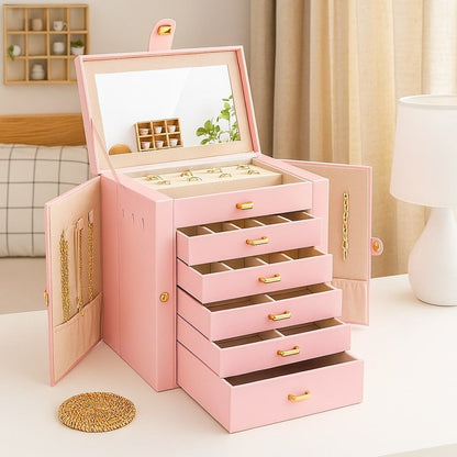 CARLA HOME 6-Layer Large Jewelry Box for Women withDrawers, Mirror, Lock, Necklace Hooks & Side Compartments for Rings, Earrings, Bracelets, Gifts (Pink) - Image 2