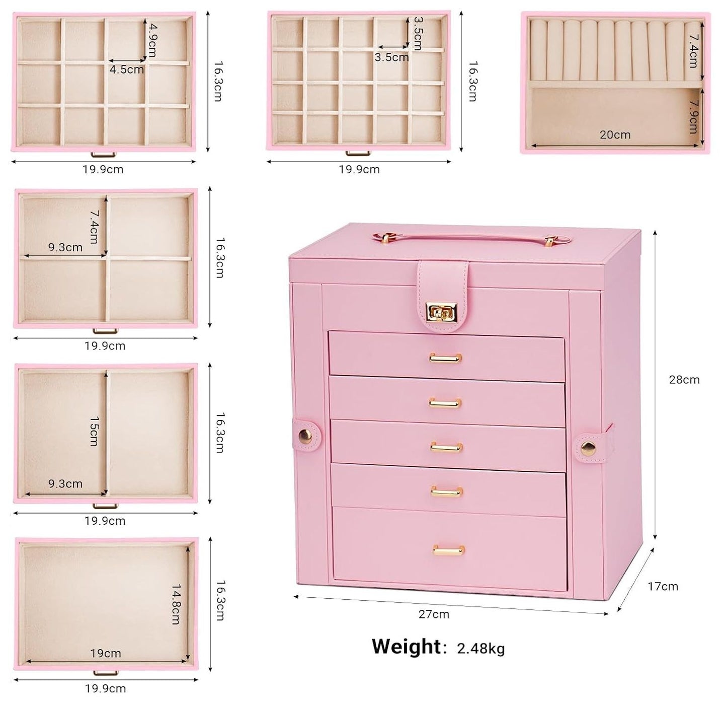 CARLA HOME 6-Layer Large Jewelry Box for Women withDrawers, Mirror, Lock, Necklace Hooks & Side Compartments for Rings, Earrings, Bracelets, Gifts (Pink) - Image 3