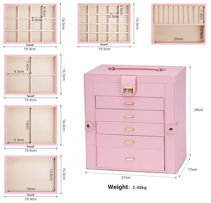 CARLA HOME 6-Layer Large Jewelry Box for Women withDrawers, Mirror, Lock, Necklace Hooks & Side Compartments for Rings, Earrings, Bracelets, Gifts (Pink) - Image 3