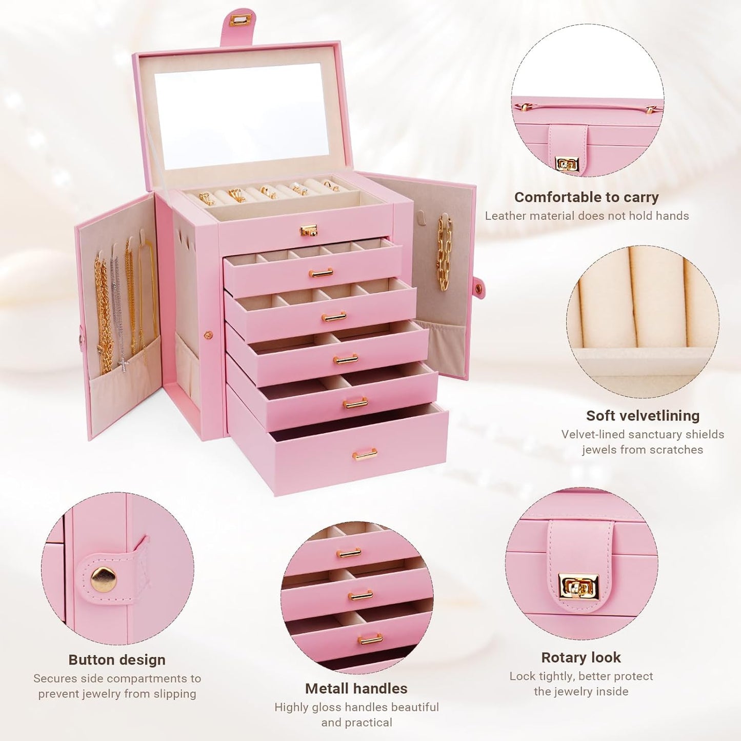 CARLA HOME 6-Layer Large Jewelry Box for Women withDrawers, Mirror, Lock, Necklace Hooks & Side Compartments for Rings, Earrings, Bracelets, Gifts (Pink) - Image 5
