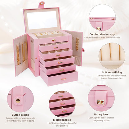 CARLA HOME 6-Layer Large Jewelry Box for Women withDrawers, Mirror, Lock, Necklace Hooks & Side Compartments for Rings, Earrings, Bracelets, Gifts (Pink) - Image 5