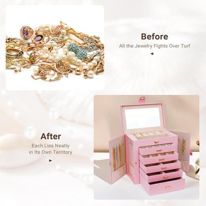 CARLA HOME 6-Layer Large Jewelry Box for Women withDrawers, Mirror, Lock, Necklace Hooks & Side Compartments for Rings, Earrings, Bracelets, Gifts (Pink) - Image 6