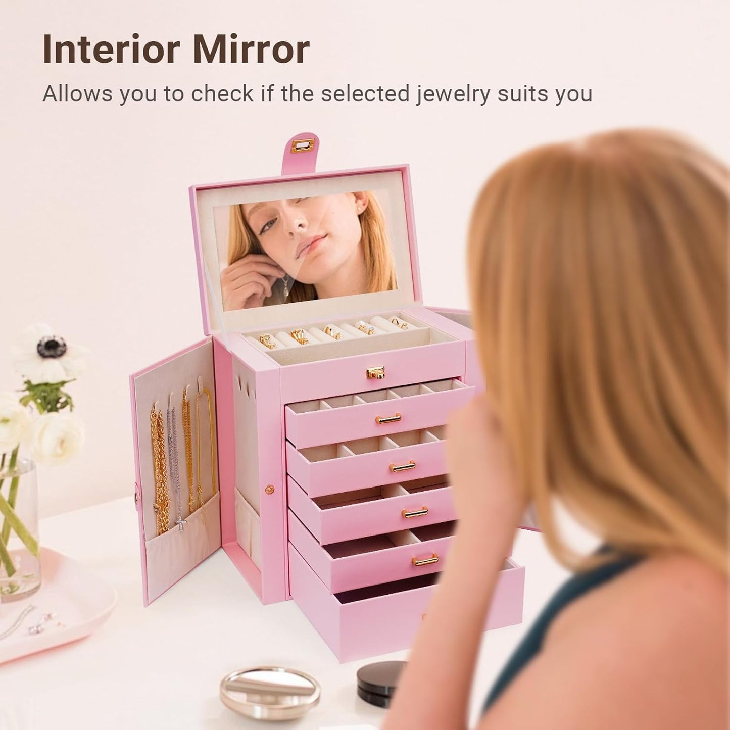 CARLA HOME 6-Layer Large Jewelry Box for Women withDrawers, Mirror, Lock, Necklace Hooks & Side Compartments for Rings, Earrings, Bracelets, Gifts (Pink) - Image 7