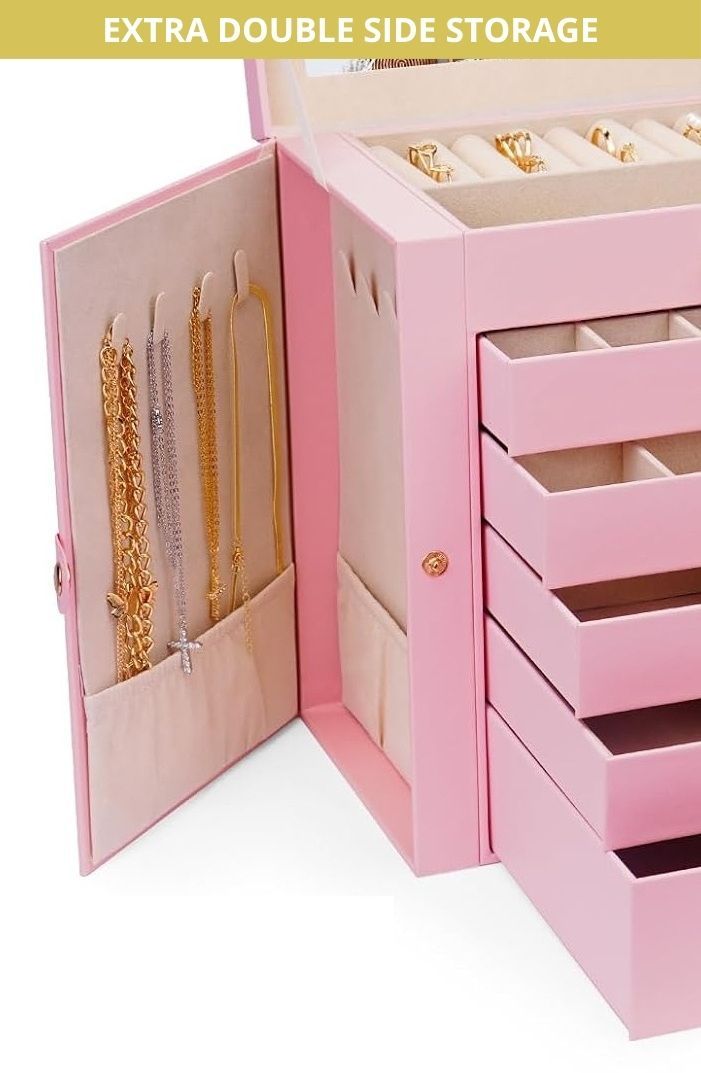 CARLA HOME 6-Layer Large Jewelry Box for Women withDrawers, Mirror, Lock, Necklace Hooks & Side Compartments for Rings, Earrings, Bracelets, Gifts (Pink) - Image 8