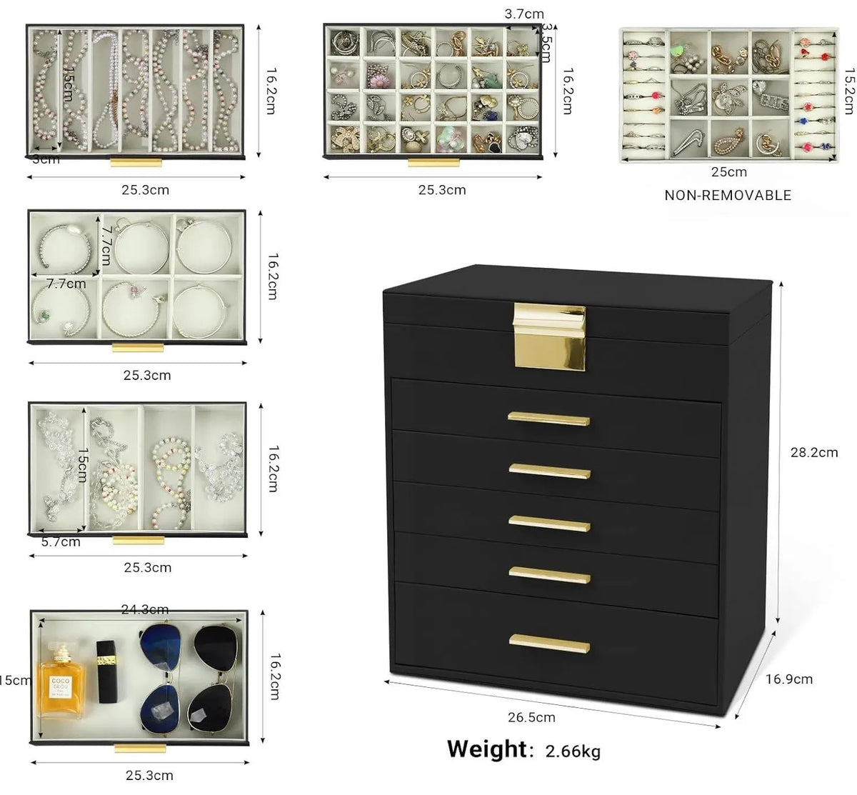 CARLA HOME  6-Layer Large Jewelry Organizer Box for Women with Mirror, Drawers, Hooks & Dividers for Rings, Necklaces, Bracelets, Ideal Gift for Women (Black) - Image 3