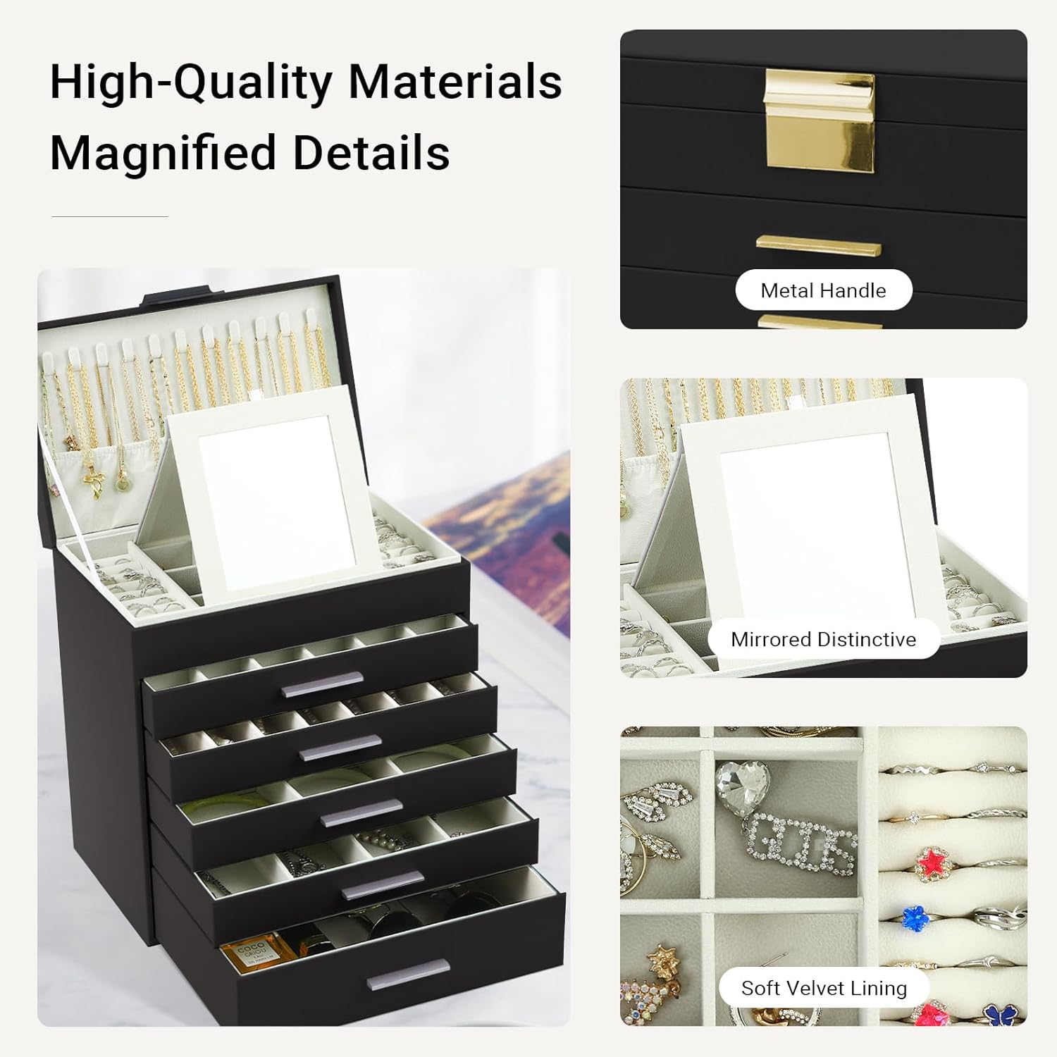 CARLA HOME  6-Layer Large Jewelry Organizer Box for Women with Mirror, Drawers, Hooks & Dividers for Rings, Necklaces, Bracelets, Ideal Gift for Women (Black) - Image 4