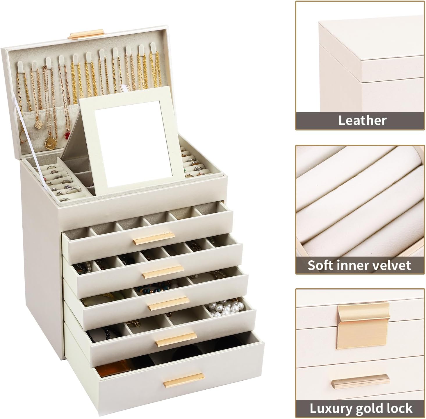 CARLA HOME  6-Layer Large Jewelry Organizer Box for Women with Mirror, Drawers, Hooks & Dividers for Rings, Necklaces, Bracelets, Ideal Gift for Women (White) - Image 4