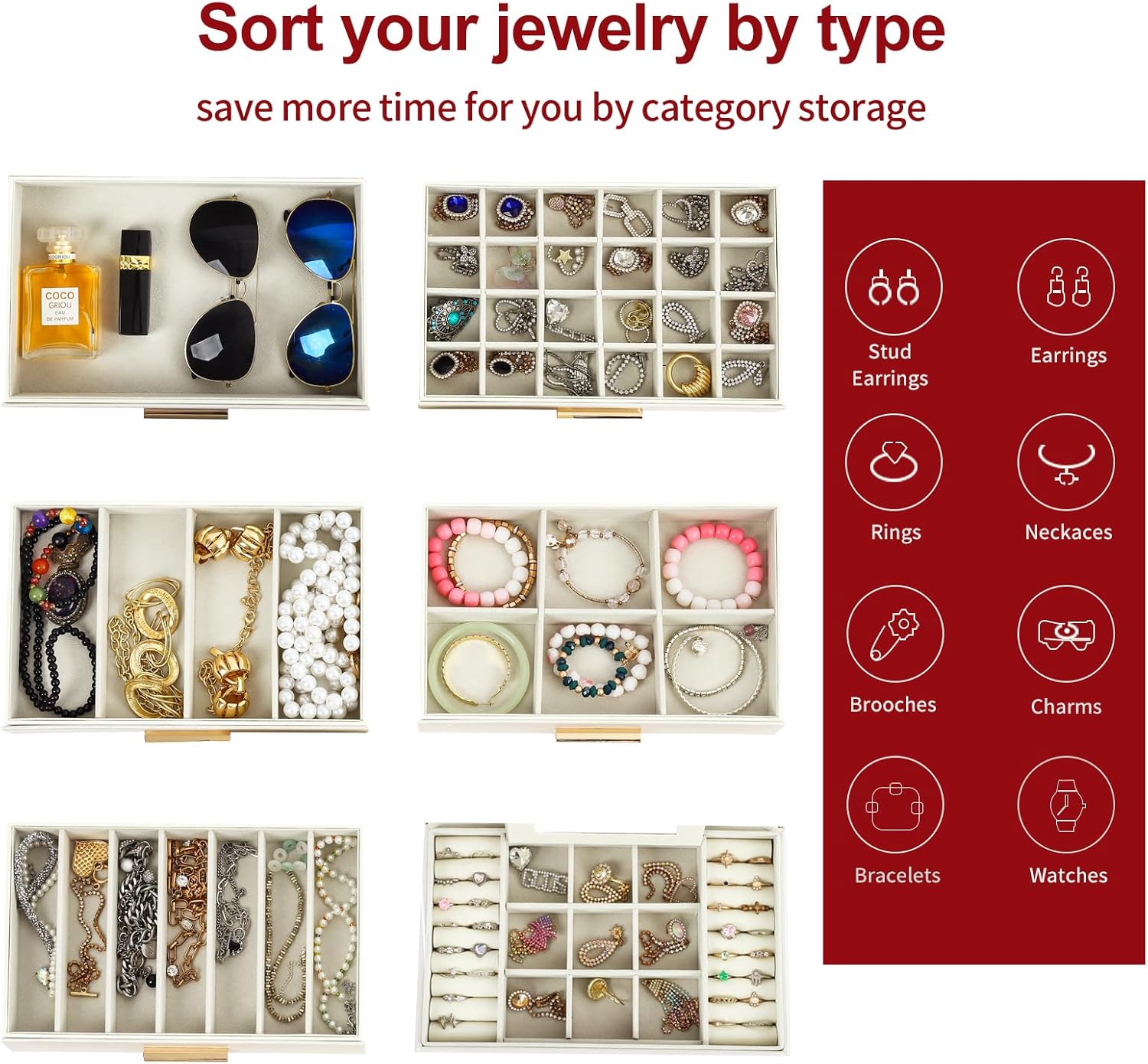 CARLA HOME  6-Layer Large Jewelry Organizer Box for Women with Mirror, Drawers, Hooks & Dividers for Rings, Necklaces, Bracelets, Ideal Gift for Women (White) - Image 5