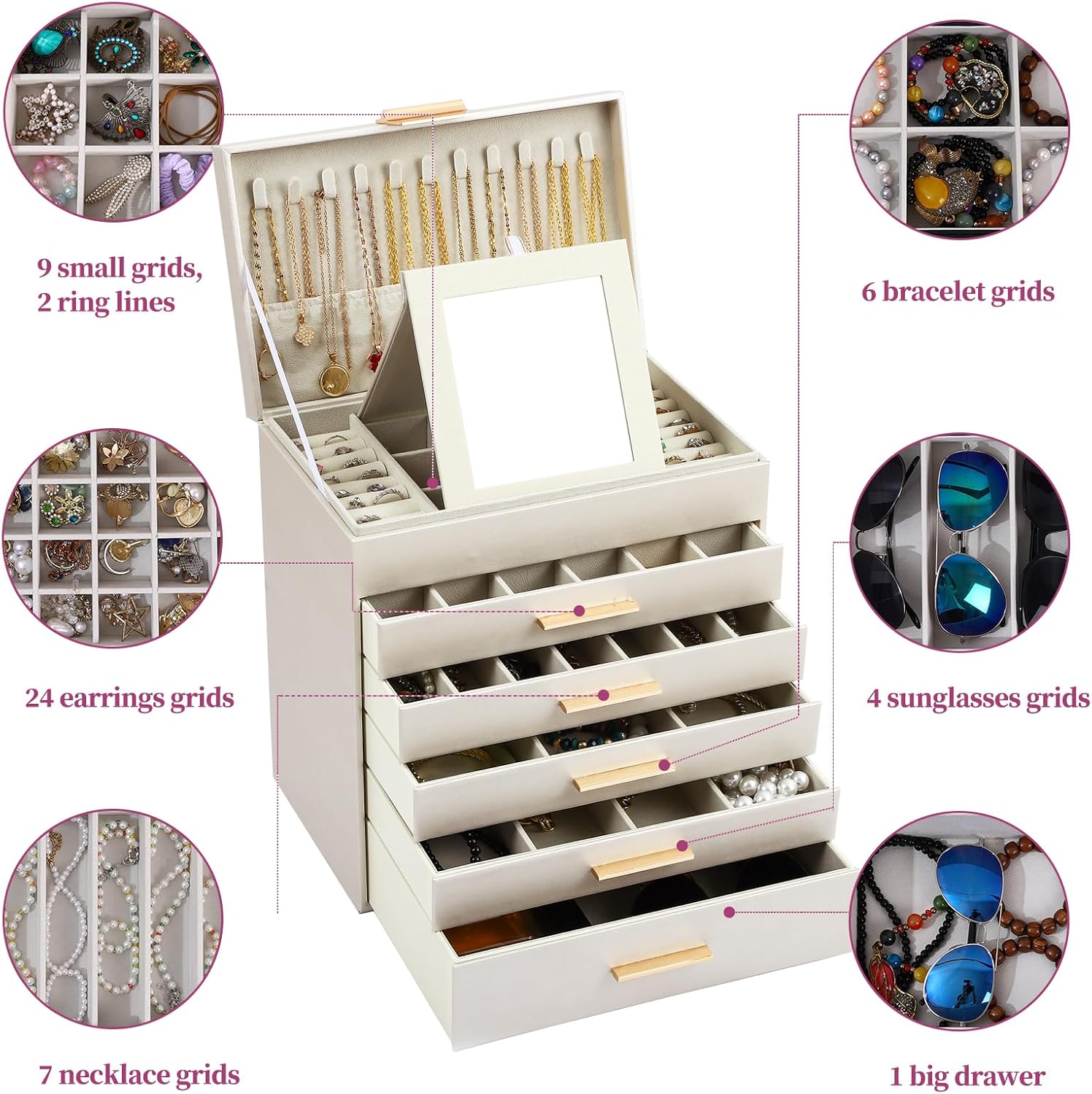 CARLA HOME  6-Layer Large Jewelry Organizer Box for Women with Mirror, Drawers, Hooks & Dividers for Rings, Necklaces, Bracelets, Ideal Gift for Women (White) - Image 6