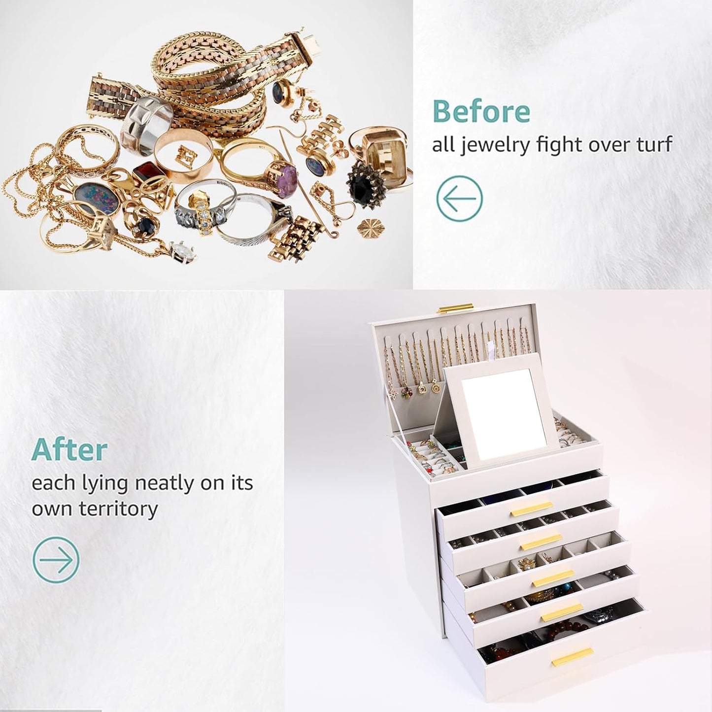 CARLA HOME  6-Layer Large Jewelry Organizer Box for Women with Mirror, Drawers, Hooks & Dividers for Rings, Necklaces, Bracelets, Ideal Gift for Women (White) - Image 7