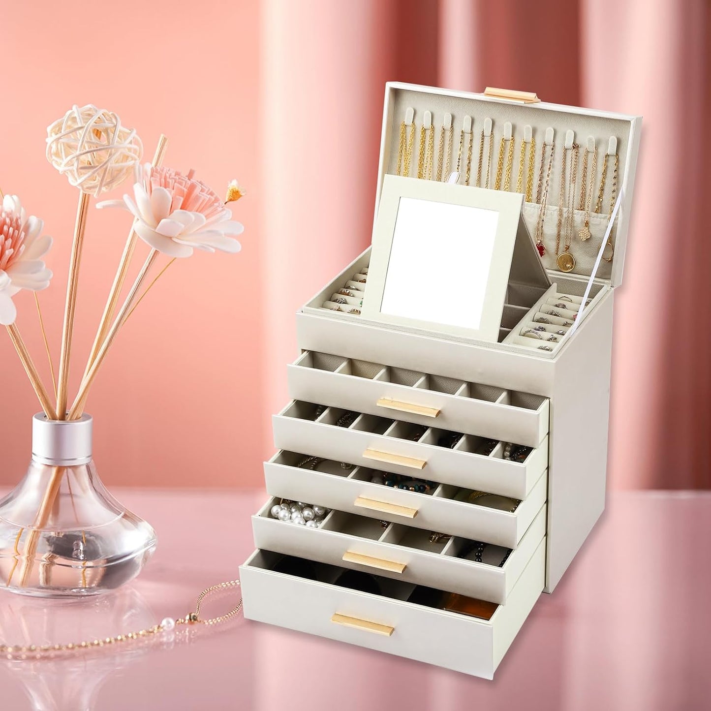 CARLA HOME  6-Layer Large Jewelry Organizer Box for Women with Mirror, Drawers, Hooks & Dividers for Rings, Necklaces, Bracelets, Ideal Gift for Women (White) - Image 8