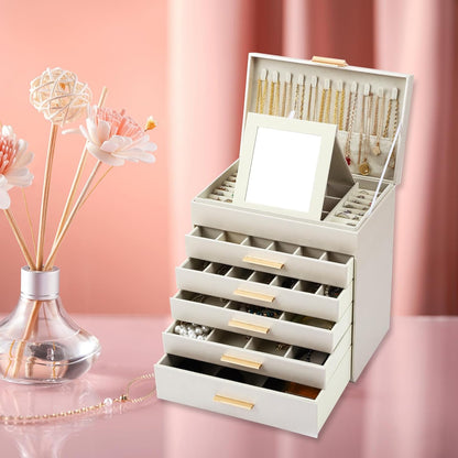 CARLA HOME  6-Layer Large Jewelry Organizer Box for Women with Mirror, Drawers, Hooks & Dividers for Rings, Necklaces, Bracelets, Ideal Gift for Women (White) - Image 8