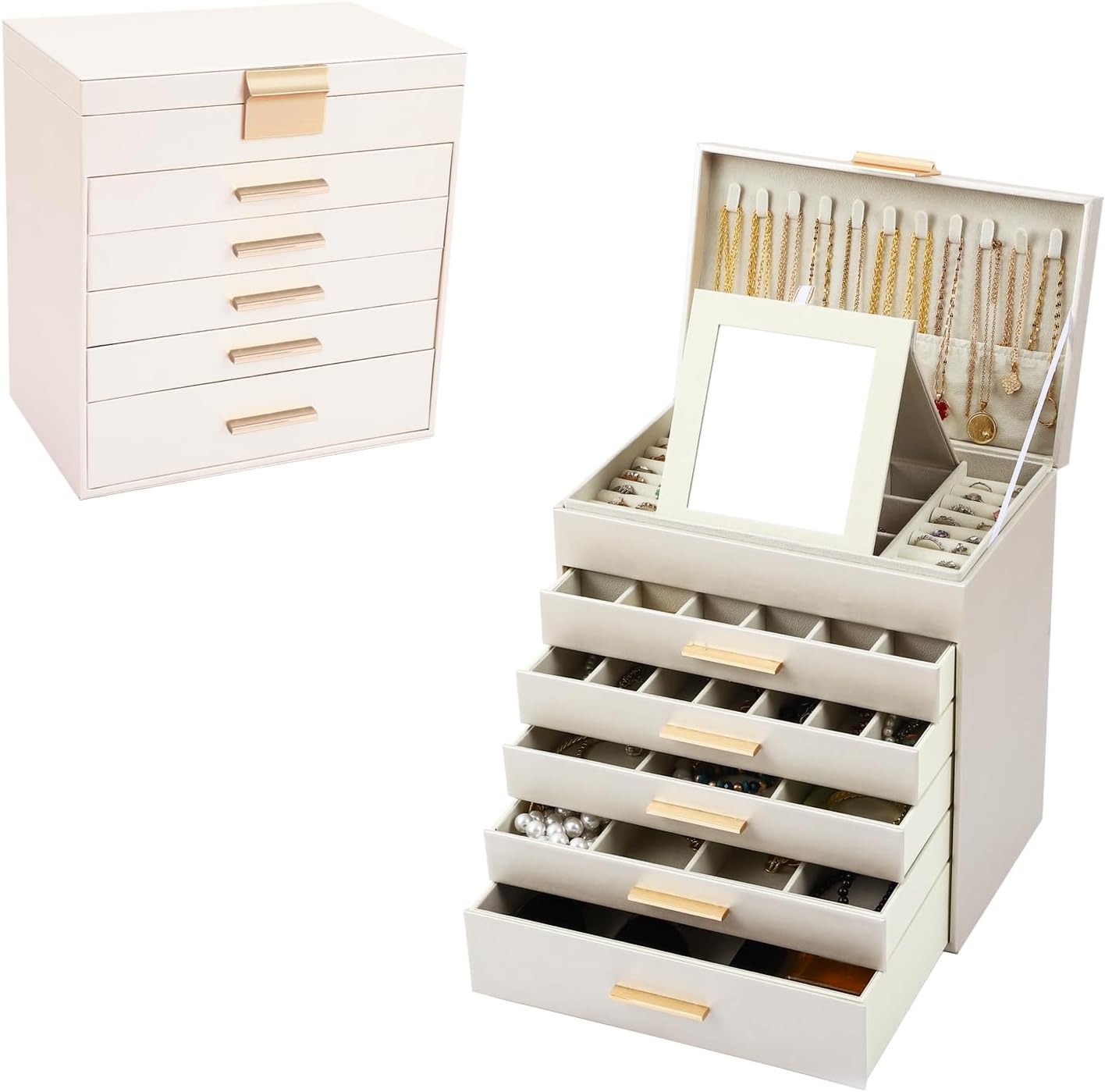 CARLA HOME  6-Layer Large Jewelry Organizer Box for Women with Mirror, Drawers, Hooks & Dividers for Rings, Necklaces, Bracelets, Ideal Gift for Women (White) - Image 9