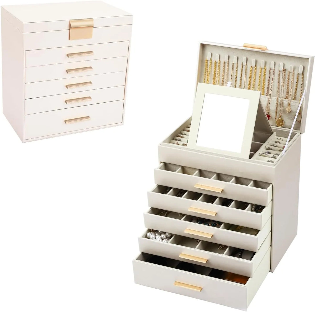 CARLA HOME  6-Layer Large Jewelry Organizer Box for Women with Mirror, Drawers, Hooks & Dividers for Rings, Necklaces, Bracelets, Ideal Gift for Women (White) - Image 9