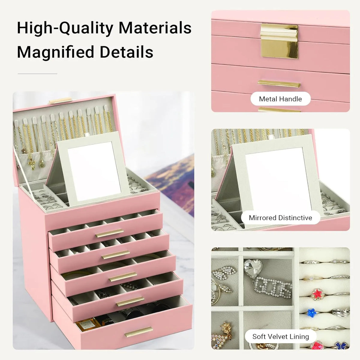 CARLA HOME  6-Layer Large Jewelry Organizer Box for Women with Mirror, Drawers, Hooks & Dividers for Rings, Necklaces, Bracelets, Ideal Gift for Women (Pink) - Image 4