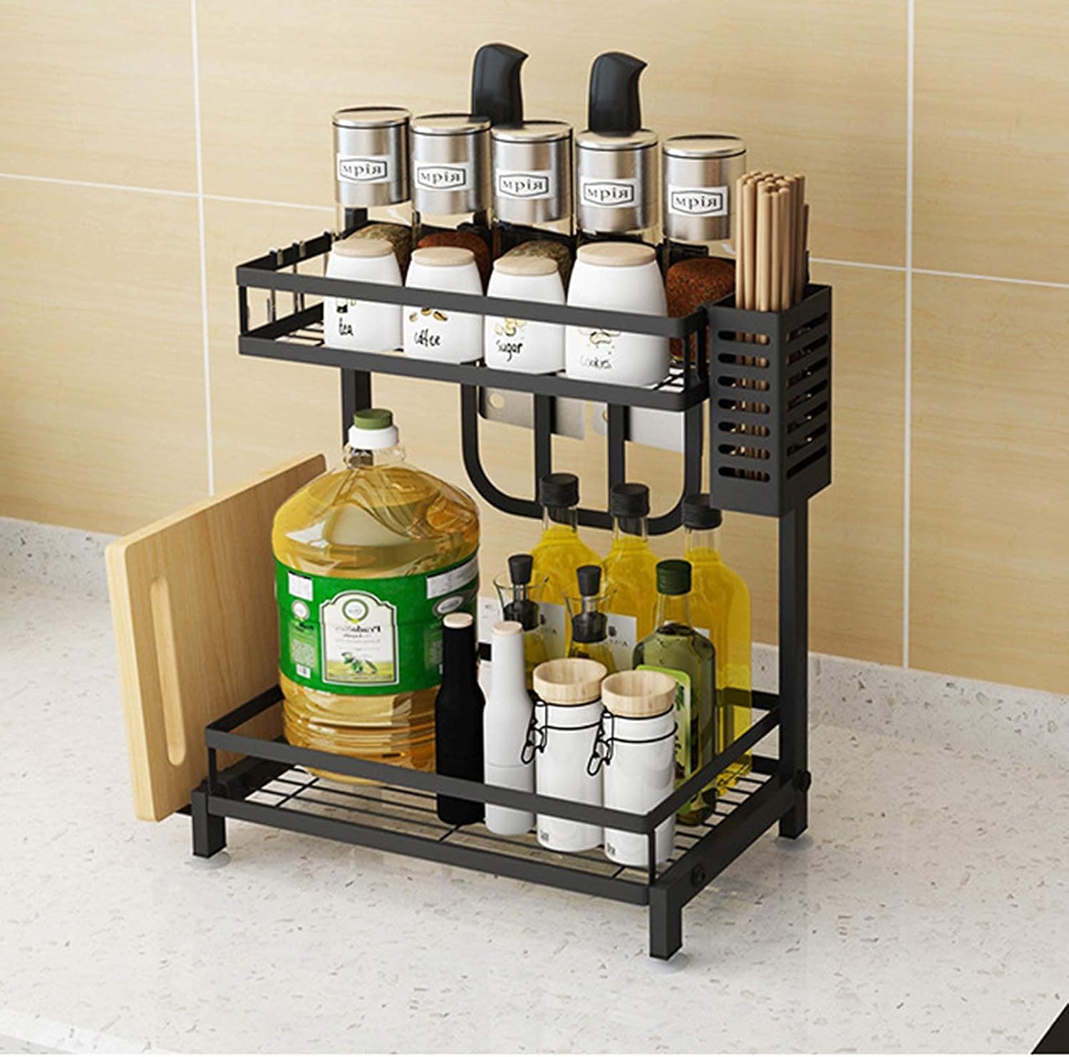 CARLA HOME 2-Tier Kitchen Spice Rack Organizer Storage Shelf for Condiments, Oil Bottles, Utensils, Cutting Board & More - Image 2