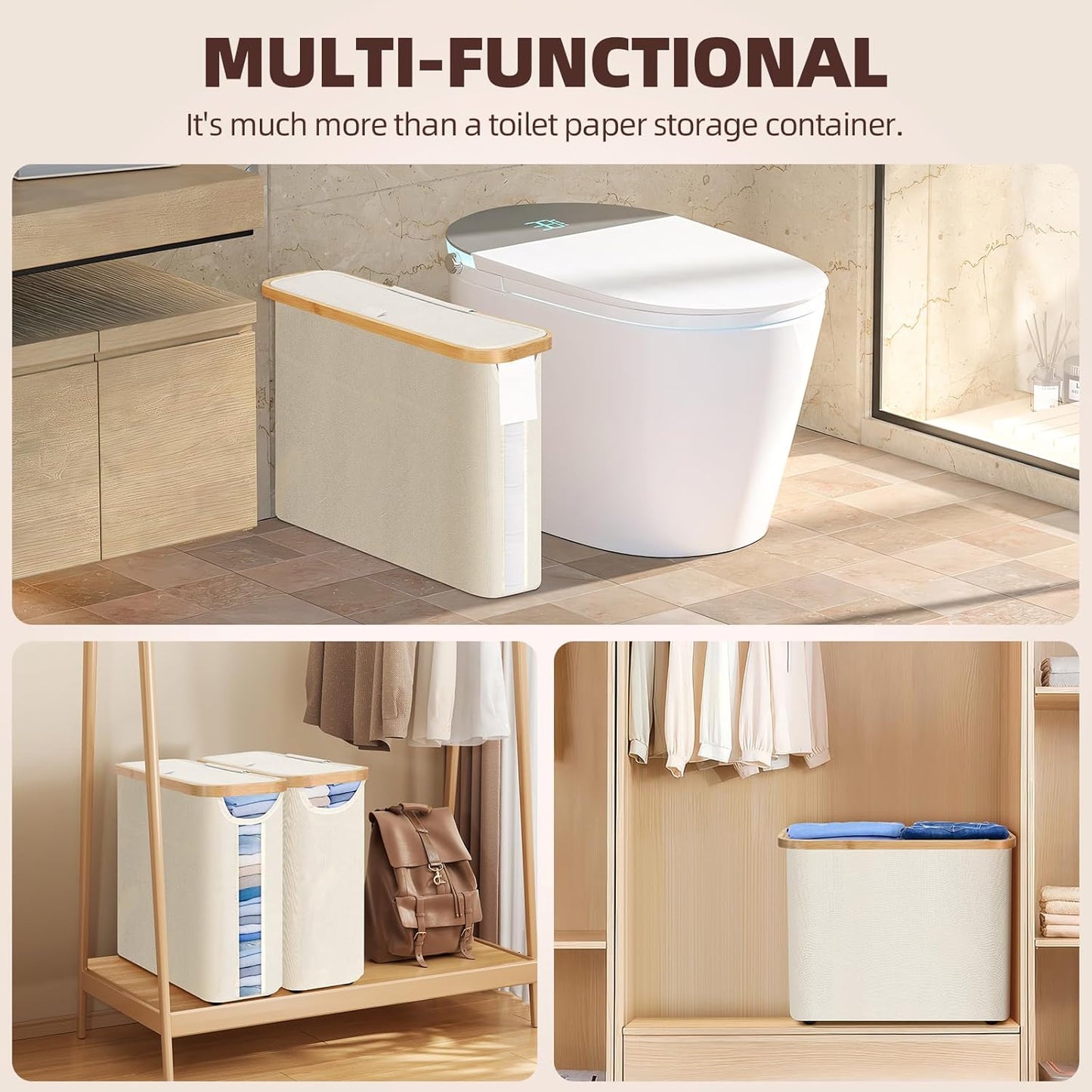 CARLA HOME 2 Pack Toilet Paper Storage Basket Holds Up to 12 Rolls with Bamboo Lid and Handle for RV Closet (White) - Image 8