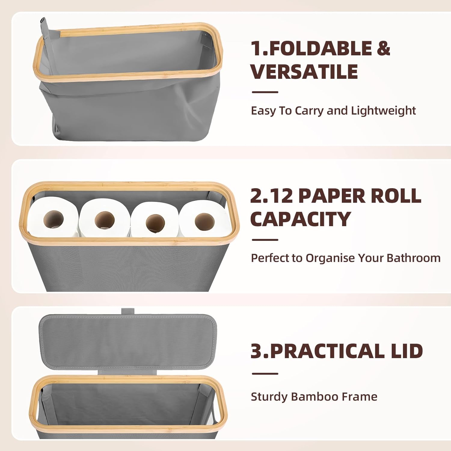 CARLA HOME 2 pack Toilet Paper Storage Basket Holds Up to 12 Rolls with Bamboo Lid and Handle for RV Closet (Grey) - Image 5