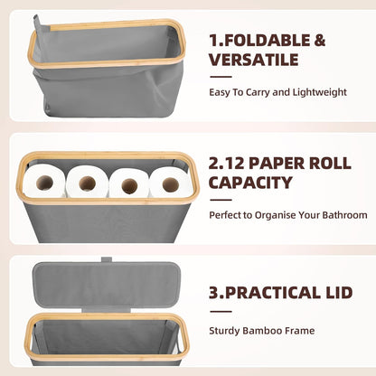 CARLA HOME 2 pack Toilet Paper Storage Basket Holds Up to 12 Rolls with Bamboo Lid and Handle for RV Closet (Grey) - Image 5