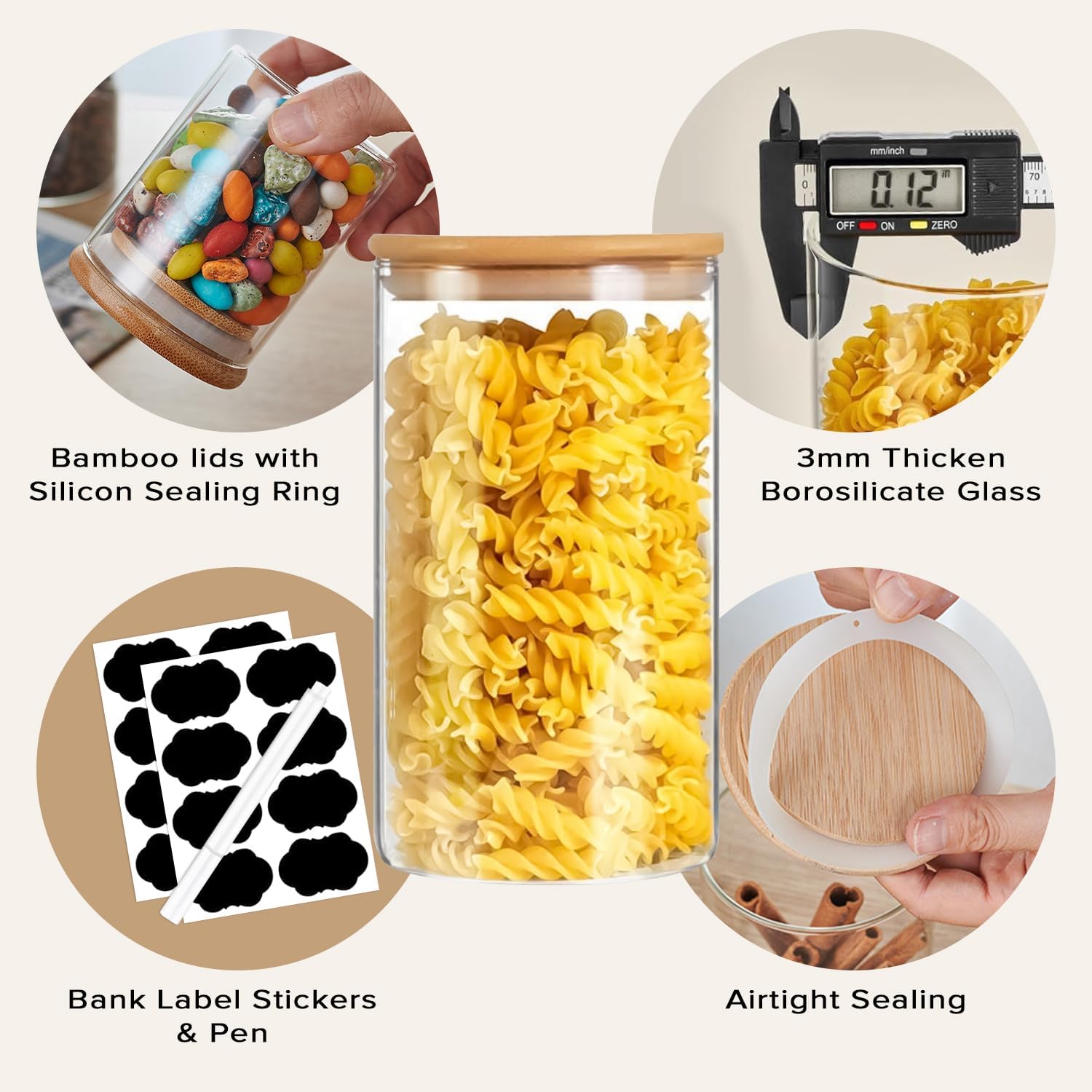 CARLA HOME 12 Pack Glass Storage Jars with Bamboo Lids for Kitchen Pantry, Pasta, Snacks, Cookies, Candy & More - Image 3