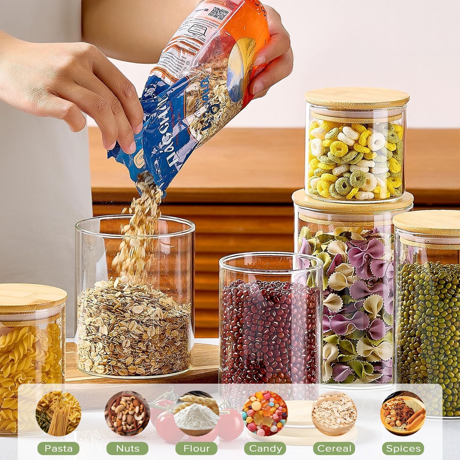 CARLA HOME 12 Pack Glass Storage Jars with Bamboo Lids for Kitchen Pantry, Pasta, Snacks, Cookies, Candy & More - Image 5