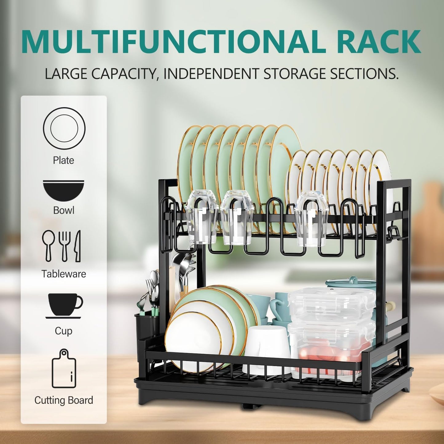 CARLA HOME Dish Drying Rack 2-Tier Kitchen Drainer with Drainboard - Image 2
