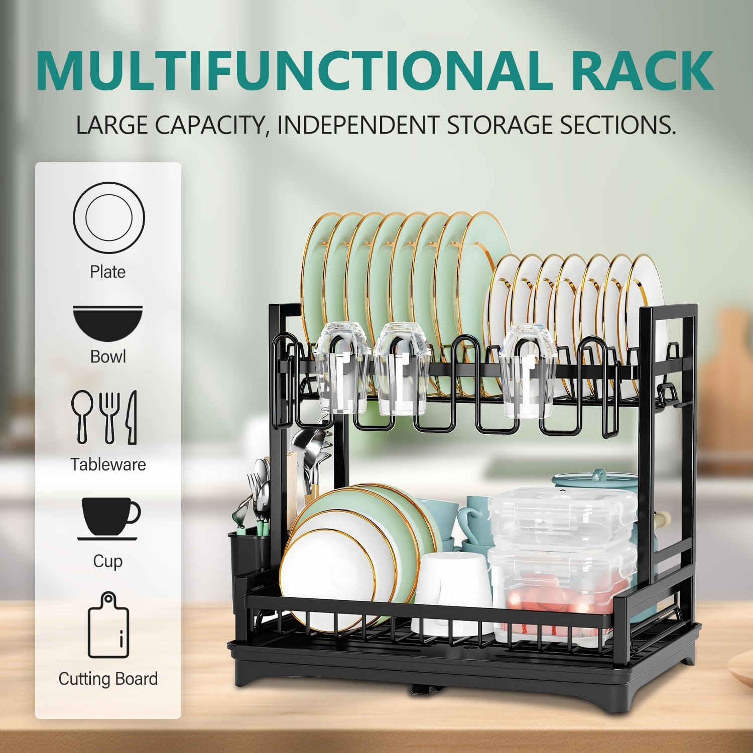 CARLA HOME Dish Drying Rack 2-Tier Kitchen Drainer with Drainboard - Image 2