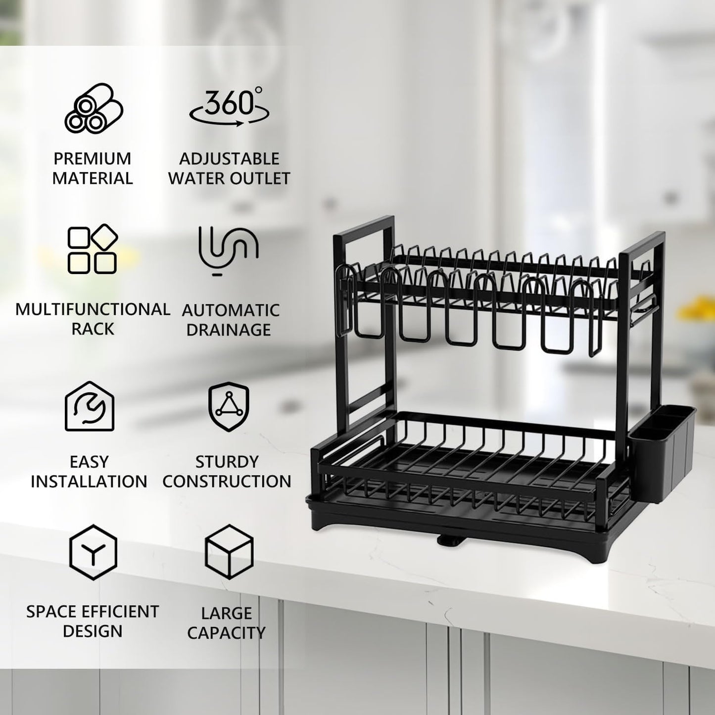 CARLA HOME Dish Drying Rack 2-Tier Kitchen Drainer with Drainboard - Image 3