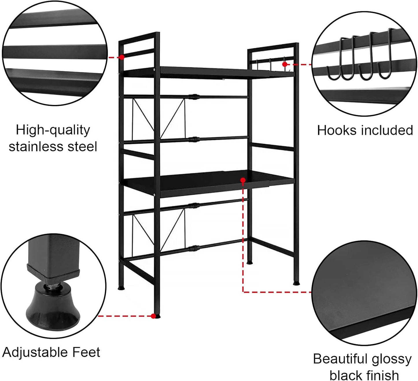 CARLA HOME 3-Tier Microwave Oven Rack with Adjustable Metal Kitchen Shelf Stand for Countertop Storage and 6 Hooks for Utensils - Image 4