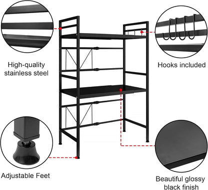 CARLA HOME 3-Tier Microwave Oven Rack with Adjustable Metal Kitchen Shelf Stand for Countertop Storage and 6 Hooks for Utensils - Image 4