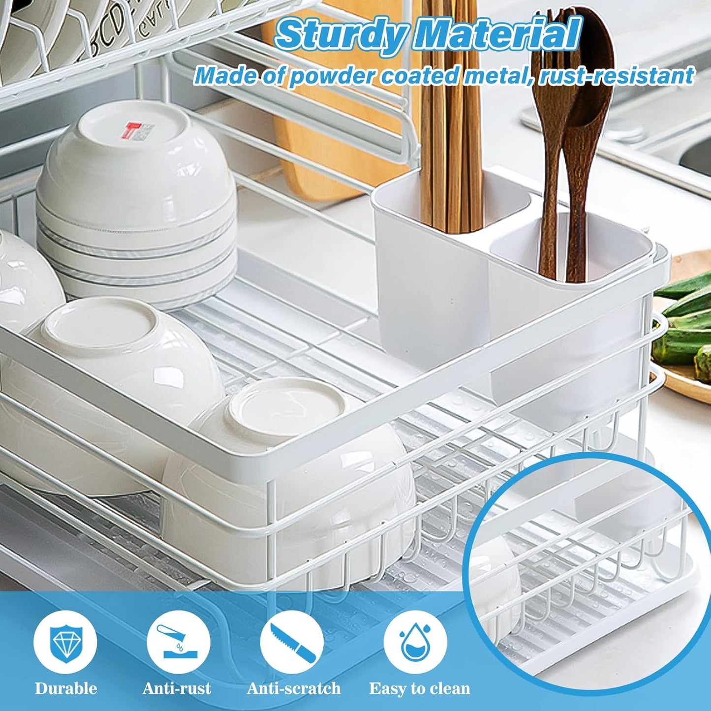 CARLA HOME 2-Tier Dish Drying Rack for Kitchen Counter with Removable Drip Tray, Utensil Holder and Cutlery Organizer - Image 4