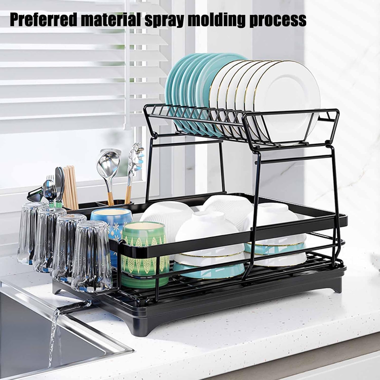 CARLA HOME 2-Tier Dish Drying Rack for Kitchen Counter with Drainboard, Utensil Holder, Cup Rack & Cutlery Organizer - Image 3