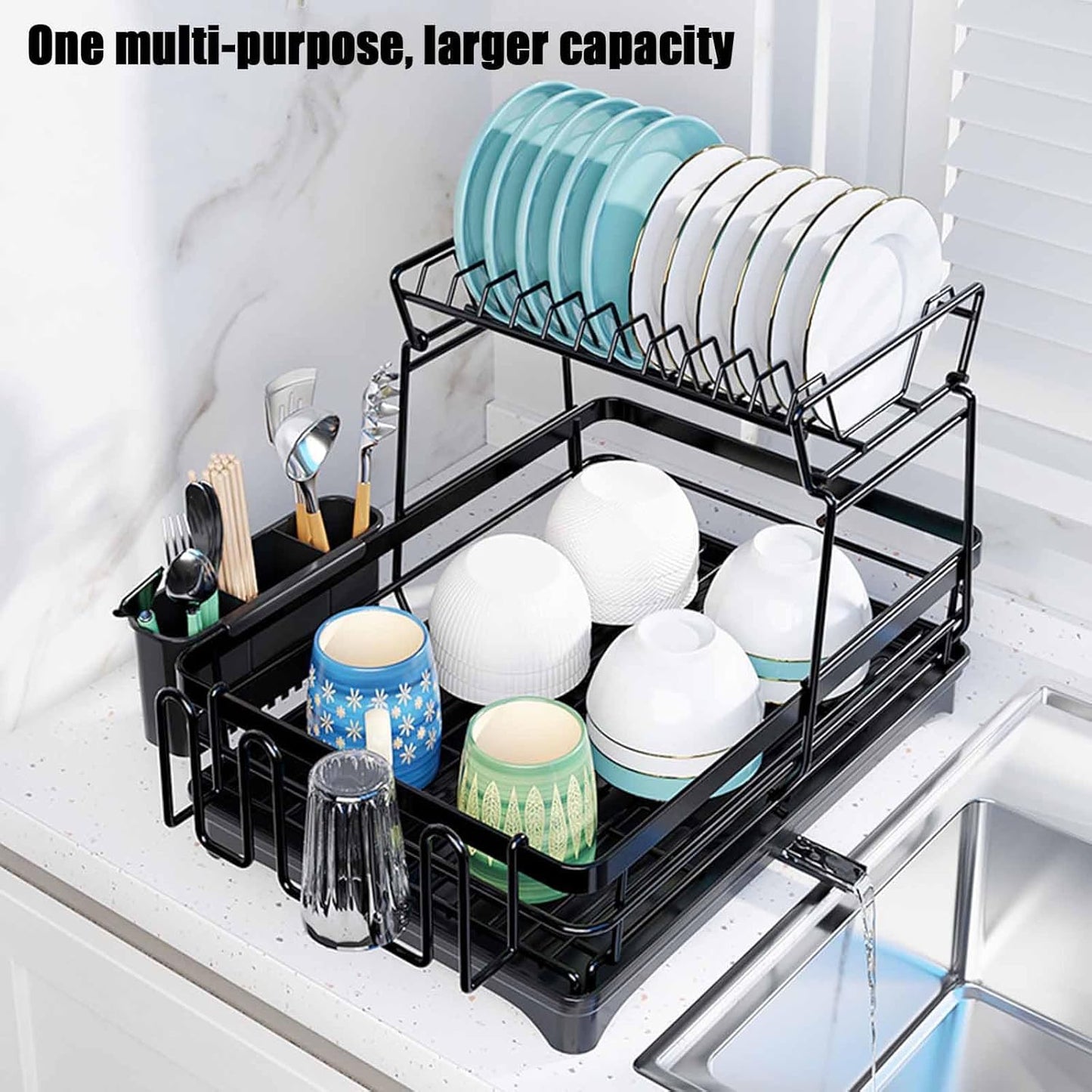 CARLA HOME 2-Tier Dish Drying Rack for Kitchen Counter with Drainboard, Utensil Holder, Cup Rack & Cutlery Organizer - Image 4