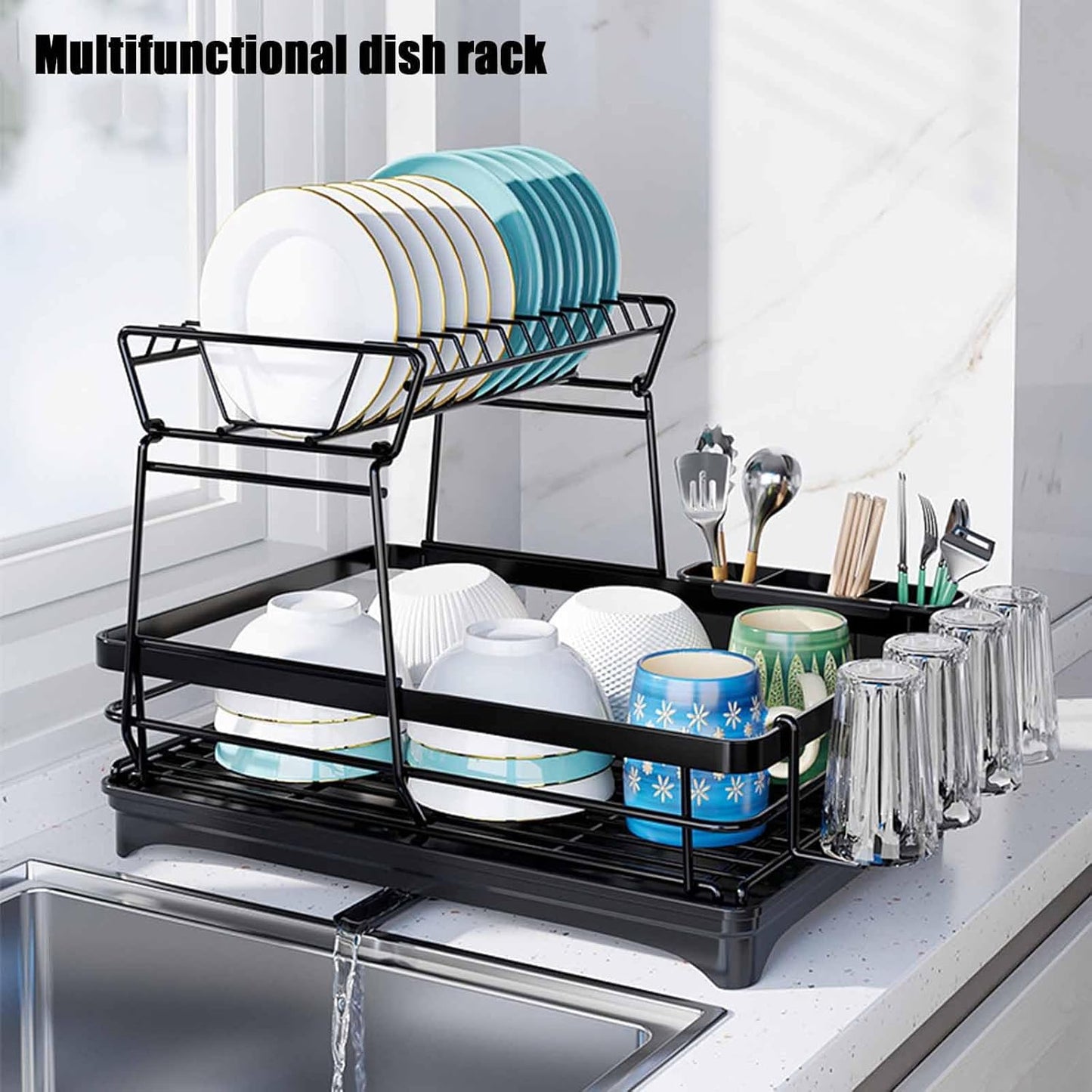 CARLA HOME 2-Tier Dish Drying Rack for Kitchen Counter with Drainboard, Utensil Holder, Cup Rack & Cutlery Organizer - Image 5