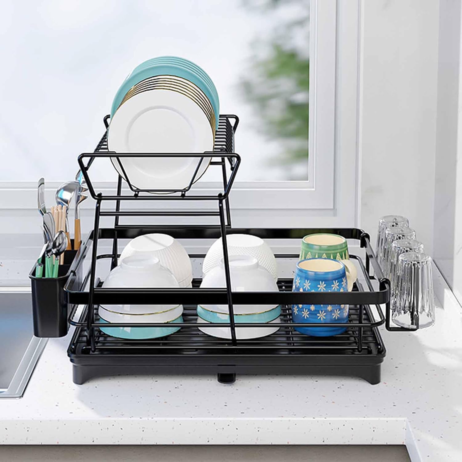 CARLA HOME 2-Tier Dish Drying Rack for Kitchen Counter with Drainboard, Utensil Holder, Cup Rack & Cutlery Organizer - Image 7