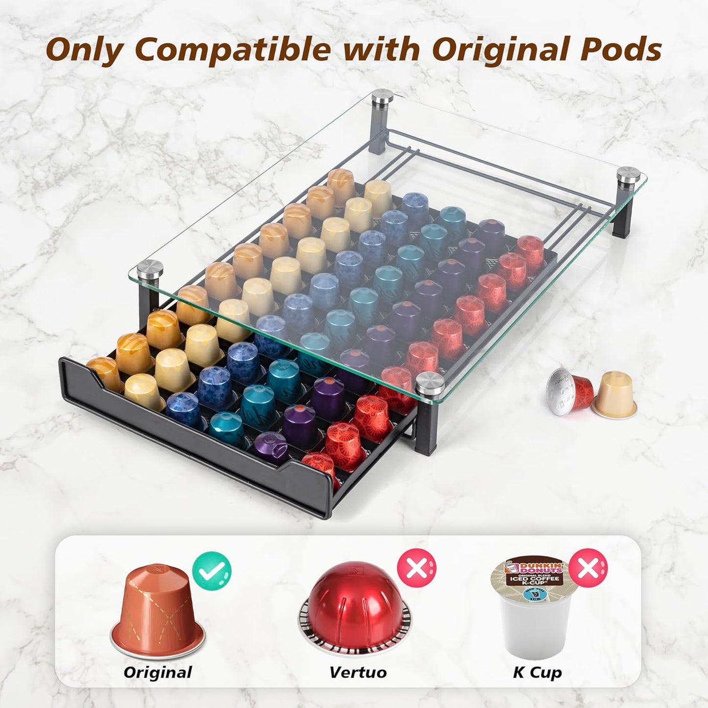 CARLA HOME 60 Coffee Pod Holder Drawer with Tempered Glass Capsule Organizer for Nespresso Pods and Sliding Drawer for Kitchen Countertop - Image 2
